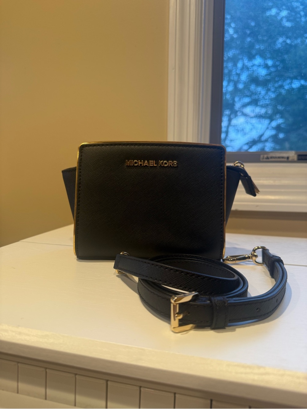 Michael Kors Selma Black Leather Crossbody with Gold Trim